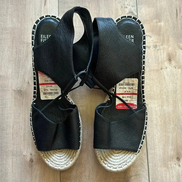 NEW Eileen Fisher Black Leather Agnes Espadrille Wedge Sandal Women's Size 11 - Picture 2 of 7
